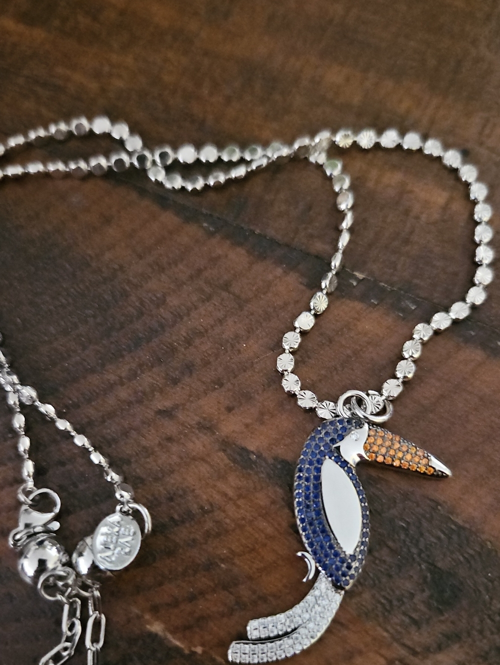 Silver-tone Blue and Orange Toucan Pendant Necklace